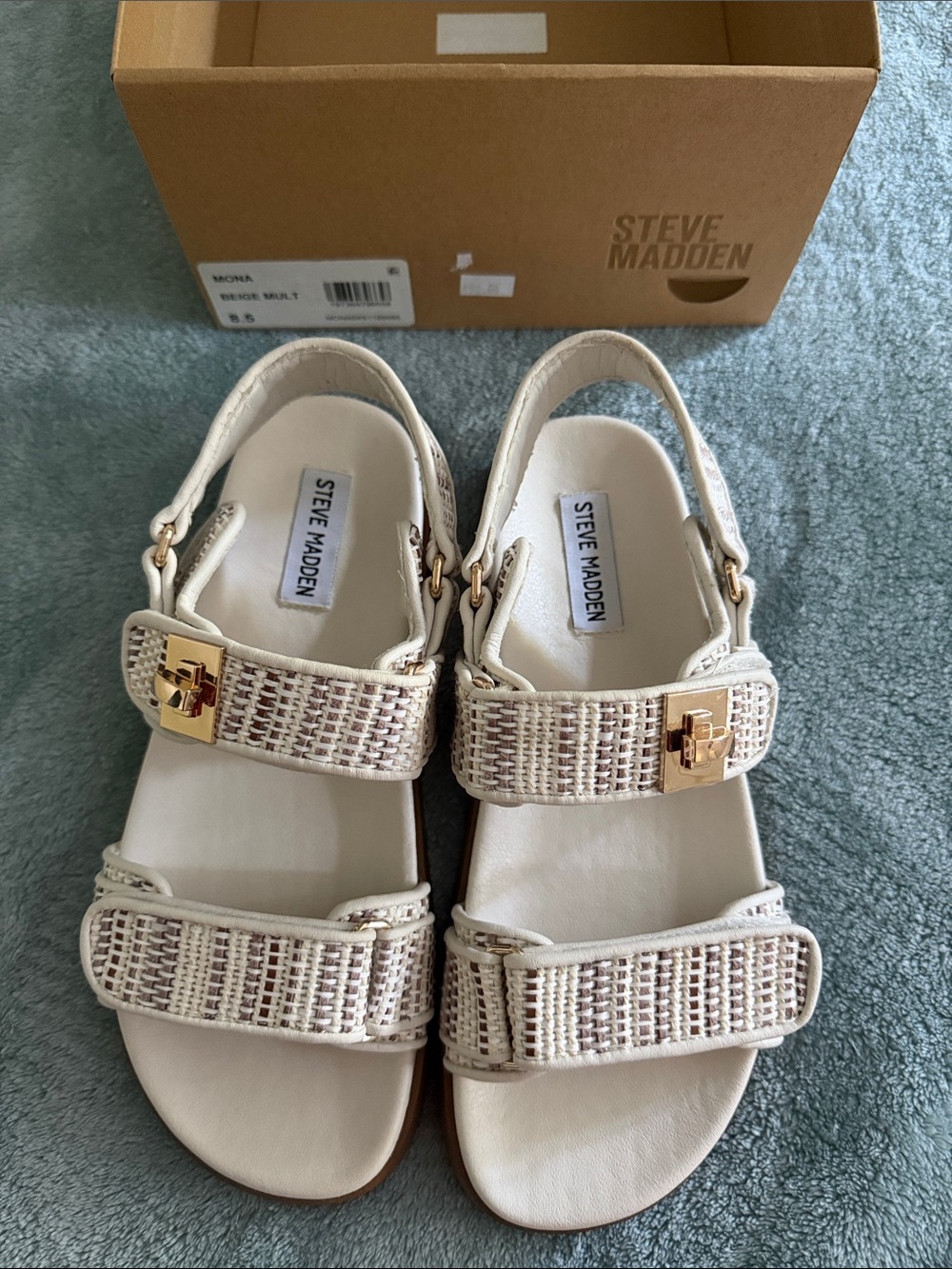 Steve Madden Cream Raffia Double-Strap Sandals with Gold Accents - Picture 2 of 6
